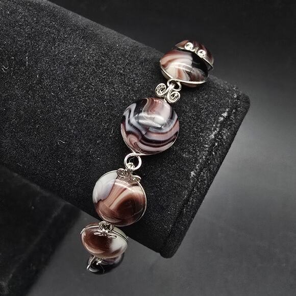 Purple Marbled Glass Bracelet Silver Tone Artisan - Picture 3 of 8